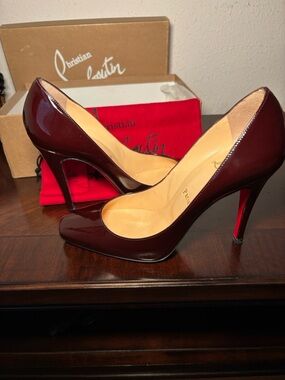 Christian Louboutin Glossy Wine Patent Leather Pumps with Signature Red Sole